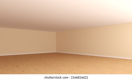 Unfurnished Interior Corner with Beige Walls, White Ceiling, Light Parquet Floor and a White Plinth. Concept of the Empty Room Interior. Perspective View. 3D Render, Ultra HD 8K, 7680x4320, 300 dpi