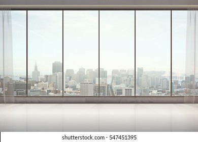 Unfurnished interior with curtains, panoramic city view and sunlight. 3D Rendering 