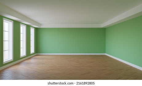 Unfurnished Room with Green Walls, White Ceiling Cornice, Three Large Windows, Parquet Floor and a White Plinth. 3D Render with a Work Path on the Windows. 8K Ultra HD, 7680x4320, 300 dpi