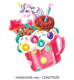 Unicorn bathing in a mug with sweets, painted with love by hand with watercolor
 - Powered by Shutterstock