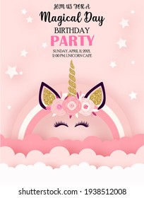 Unicorn Birthday Party Invitation. Welcome Baby Greeting Card