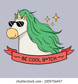 Unicorn Cool Aqua Green Hair With Sunglasses And Ribbon With Text