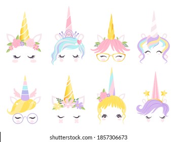 Unicorn Face. Fantasy Horse Pony Animal Creation Kit Ears Head Horn Eyes And Hairs Glasses Cute Template