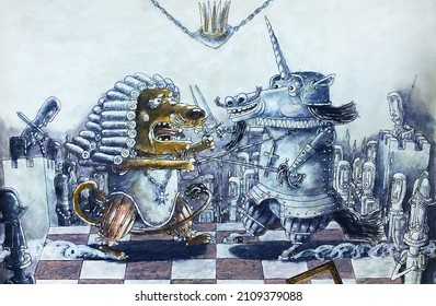 A unicorn fought mortal battle and lion for the crown Alice in Wonderland illustration watercolor