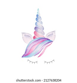 Unicorn head and rainbow mane  lashes  ears  corn watercolor clipart  Hand painted illustration 