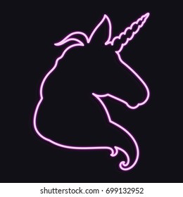 Unicorn head silhouette neon. Hand drawn Vector illustration. Unicorn Logotype isolated on black background. Magic animal profile. Easy to edit.