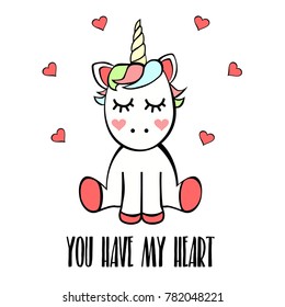 Unicorn With Hearts And Closed Eyes. Valentine Day!