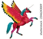  Unicorn horse with colorful wings in motion                             