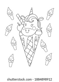 Unicorn Ice Cream Cute Coloring Page Stock Illustration 1884898912 ...