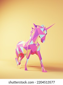 Unicorn Made From Pink Blue Purple Triangles Mythical Fantasy Creature Cool Studio Fun With Yellow Beige Background 3d Illustration Render