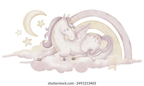 Unicorn on cloud with stars and rainbow watercolor illustration. Drawing of cute little Horse with horn and wing for Baby greeting cards or childish birthday invitation. Pony Pegasus for girls nursery - Powered by Shutterstock