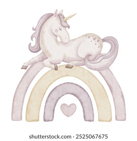 Unicorn on Rainbow watercolor illustration. Drawing of fairytale Horse with horn in pastel pink colors for Baby shower greeting cards or girl birthday party invitations. Art for nursery poster. - Powered by Shutterstock