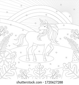 Unicorn. Pony princess. Unicorn. Black and white  illustration for coloring book
