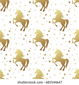 Unicorn silhouette seamless pattern. Golden magic unicorn with star on white background. Fairy horse pattern.