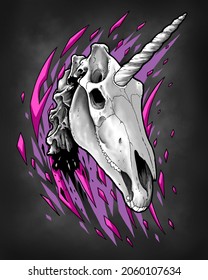 Unicorn Skull On Pink Flame Background