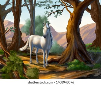 Unicorn Standing In A Beatiful Forest. Original Digital Painting.