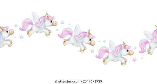 Unicorn and stars. Watercolor nursery seamless border. Cute baby background. Print for kid's goods, clothes, textile, postcards, baby shower, wallpaper and children's room - Powered by Shutterstock