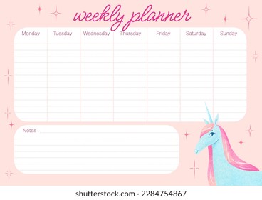 Unicorn timetable template. Weekly planner, seven days of the week and space for notes. A2 or A3 size print. Cute design, pastel colors - Powered by Shutterstock