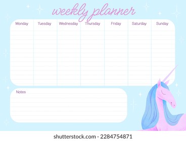 Unicorn timetable template. Weekly planner, seven days of the week and space for notes. A2 or A3 size print. Cute design, pastel colors - Powered by Shutterstock