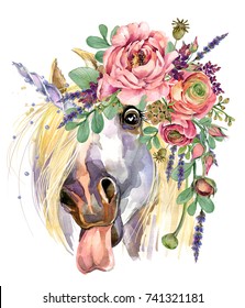 unicorn. watercolor flower bouquet illustration. fantasy background. white horse. 