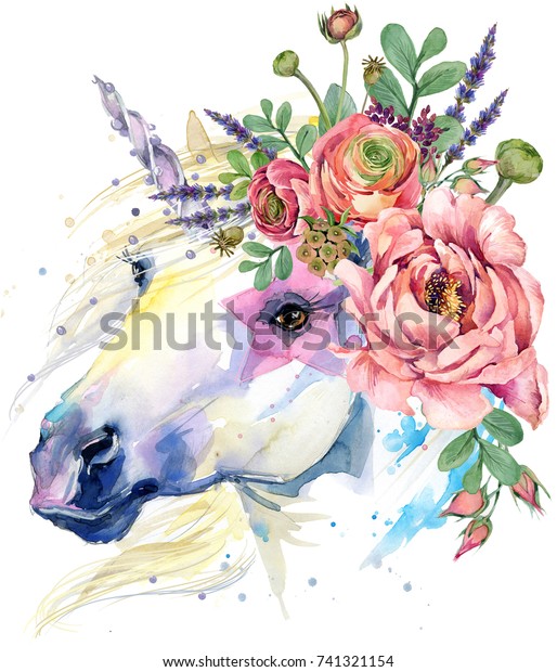 一角獣水彩の花のブーケイラスト 空想の背景 白い馬 のイラスト素材