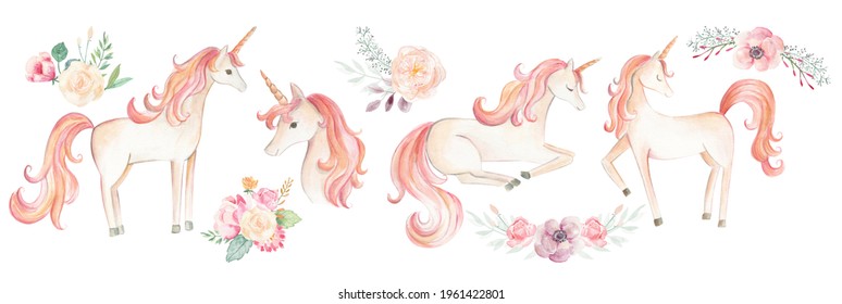 Unicorn Watercolor illustration with boho flowers  in pink, white and pastel colors for baby and girls 