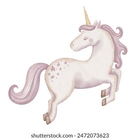 Unicorn watercolor illustration. Drawing of cute little Horse with horn for Baby shower greeting cards or childish birthday invitation. Pony for girls nursery wall art. Pastel Fantasy creature for kid - Powered by Shutterstock