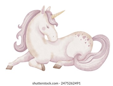 Unicorn watercolor illustration. Drawing of cute little Horse with horn for Baby shower greeting cards or childish birthday invitation. Pony for girls nursery wall art. Pastel Fantasy creature for kid - Powered by Shutterstock