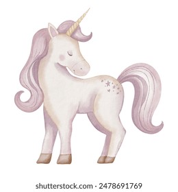 Unicorn watercolor illustration. Drawing of cute little Horse with horn for Baby shower greeting cards or childish birthday invitation. Pony for girls nursery wall art. Pastel Fantasy creature for kid - Powered by Shutterstock