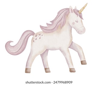 Unicorn watercolor illustration. Drawing of cute little Horse with horn for Baby shower greeting cards or childish birthday invitation. Pony for girls nursery wall art. Pastel Fantasy creature for kid - Powered by Shutterstock