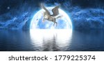 unicorn with wings on the background of a large full moon, 3d illustration