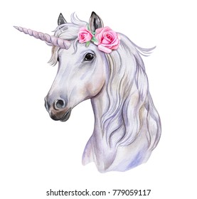 Unicorn with a wreath of flowers. White Horse. Watercolor. Illustration. Template. Clipart