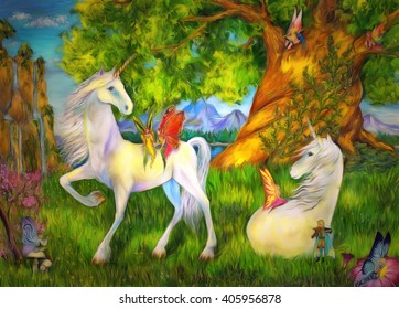 Unicorns And Elves Among Trees, Mountains And Waterfalls. Fairy Tail Painting.