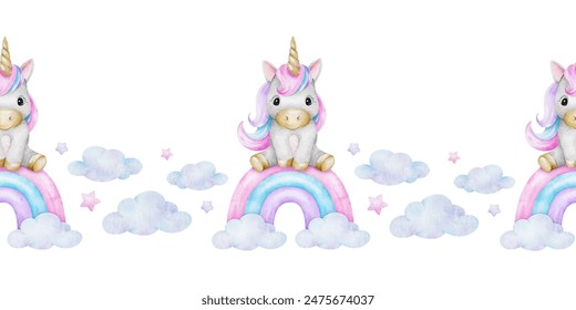 Unicorns on rainbows, Clouds and stars. Watercolor nursery seamless border. Cute baby background. Design for kid's goods, clothes, textile, postcards, baby shower, wallpaper and children's room - Powered by Shutterstock