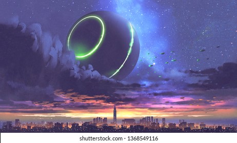 unidentified flying object coming out of black clouds above the city with skyscrapers, digital art style, illustration painting