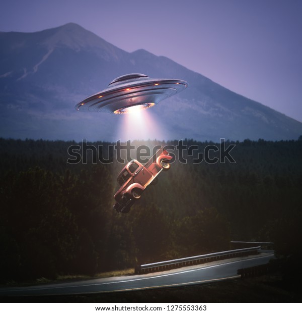 Unidentified\
flying object lifting a car from road. Concept of alien abduction.\
Clipping path included. 3D\
illustration.