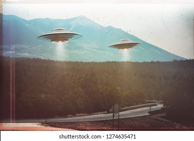Unidentified flying object. Two UFOs flying over a road among the trees. 3D illustration retro photo vintage. Noise and defects of old photo film.