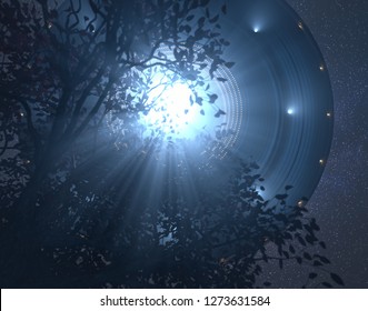 Unidentified flying object - UFO, flying over the trees. Concept of alien abduction. 3D illustration.