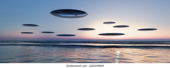 unidentified flying objects sighting over the sea 3d illustration