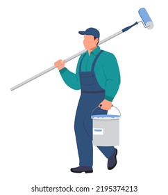 A Uniformed Worker Walks With A Roller And A Bucket Of Paint In His Hands. Decorator Male, House Painter. Illustration In Cartoon Style On A White Background