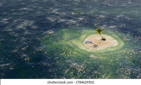 Uninhabited Or Desert Island With Palm Trees On It In The Shallow Turquoise Water. 3d Rendering