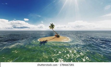 Uninhabited Or Desert Island With Palm Trees On It In The Shallow Turquoise Water. 3d Rendering