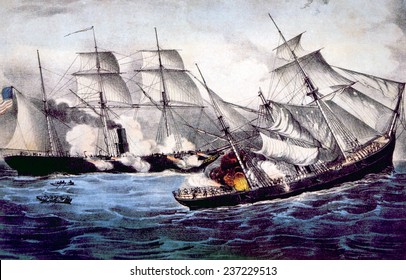 The Union Sloop Of War Kearsarge Sinking The Confederate Ship Alabama, June 19, 1864, Lithograph By Currier & Ives, 1864.