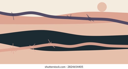 A unique abstract artistic composition featuring stylized thorny branch-like lines across layered desert-toned horizons. A soft muted sun circle provides a focal point creating a balanced and evocative visual suitable for creative design projects.