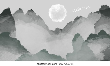 Unique abstract valley painting art with grey and white moon watercolor paint brush for presentation, card background, wall decoration, or t-shirt design