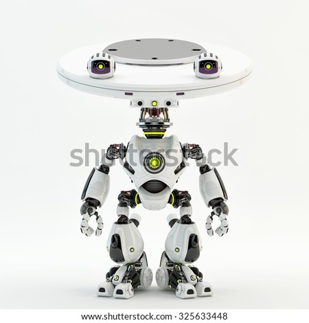 Unique bot - robotic creature with plate "dish" head and camera. It may serve as surveillance guard, video monitoring / Plate bot