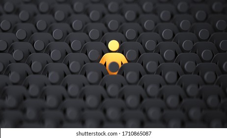 Unique color yellow human shape among dark ones. Leadership, individuality and standing out of crowd concept. 3D illustration