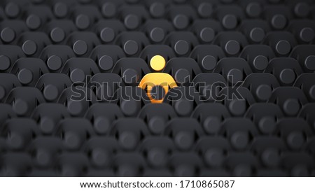 Unique color yellow human shape among dark ones. Leadership, individuality and standing out of crowd concept. 3D illustration 商業照片 © 