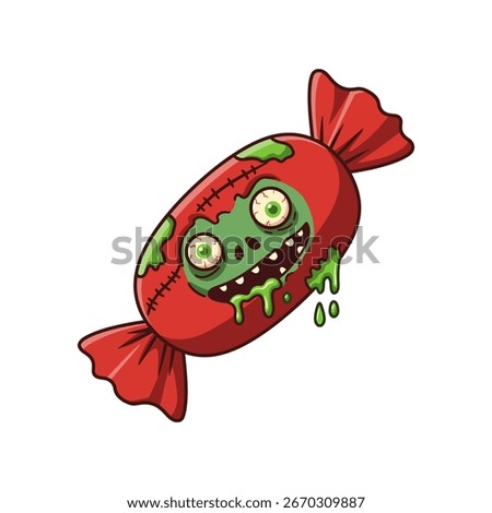 A unique and eye-catching vector illustration of a spooky zombie candy wrapped in red packaging. This creepy candy features a green zombie face with bulging eyes, stitched scars, and dripping slime, p