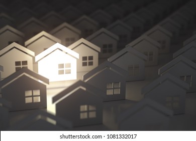 Unique Lighting House Sign In Group Of  Houses. Real Estate Property Industry Concept Background. 3d Illustration